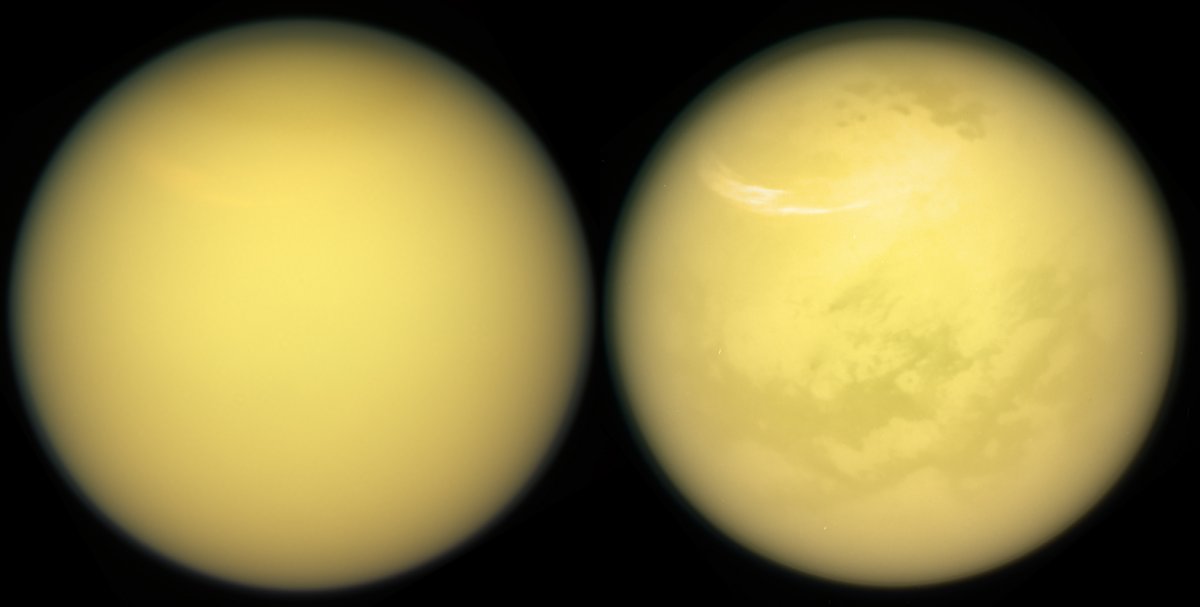 these two views of titan show the new details about the moons surface