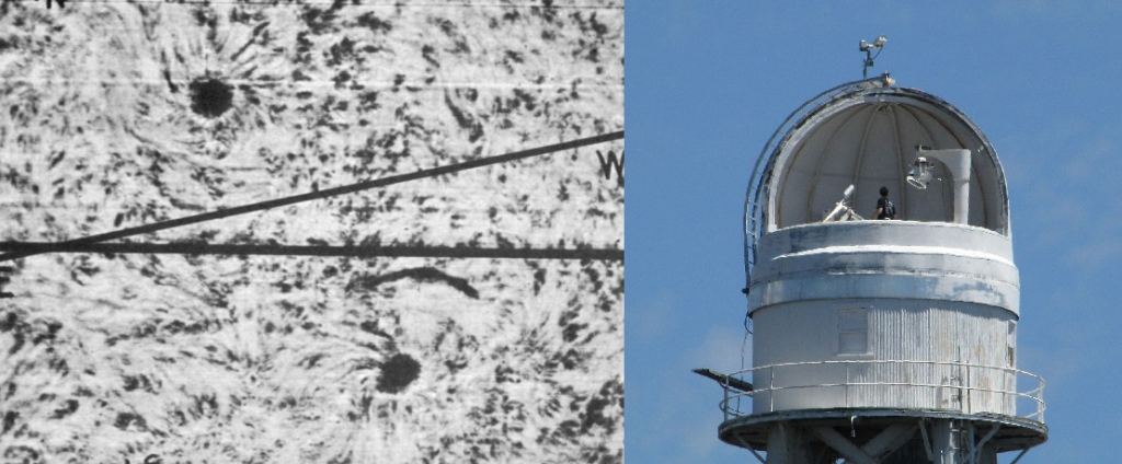 1908 image showing opposing sunspot vortices and Mount Wilson solar tower (Davefox/Wikimedia/Public Domain)