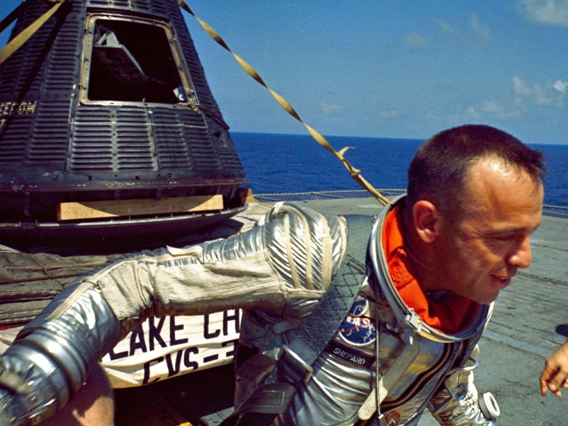 Astronaut Alan Shepard after his Mercury capsule was recovered (NASA)