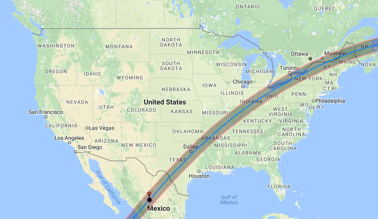 Path of the April 8, 2024, total solar eclipse. (NASA)