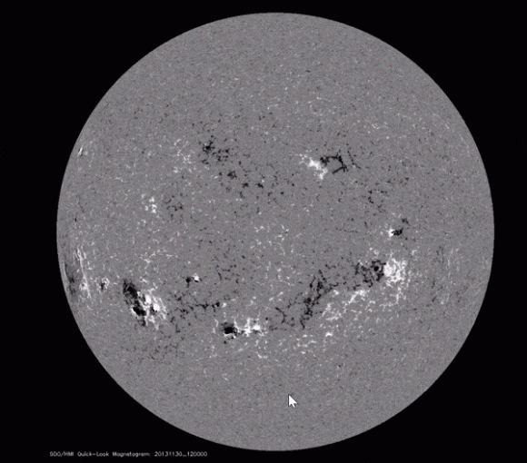 The dark and light spots are active solar regions highlighted in a solar magnetogram (NASA/MSFC)