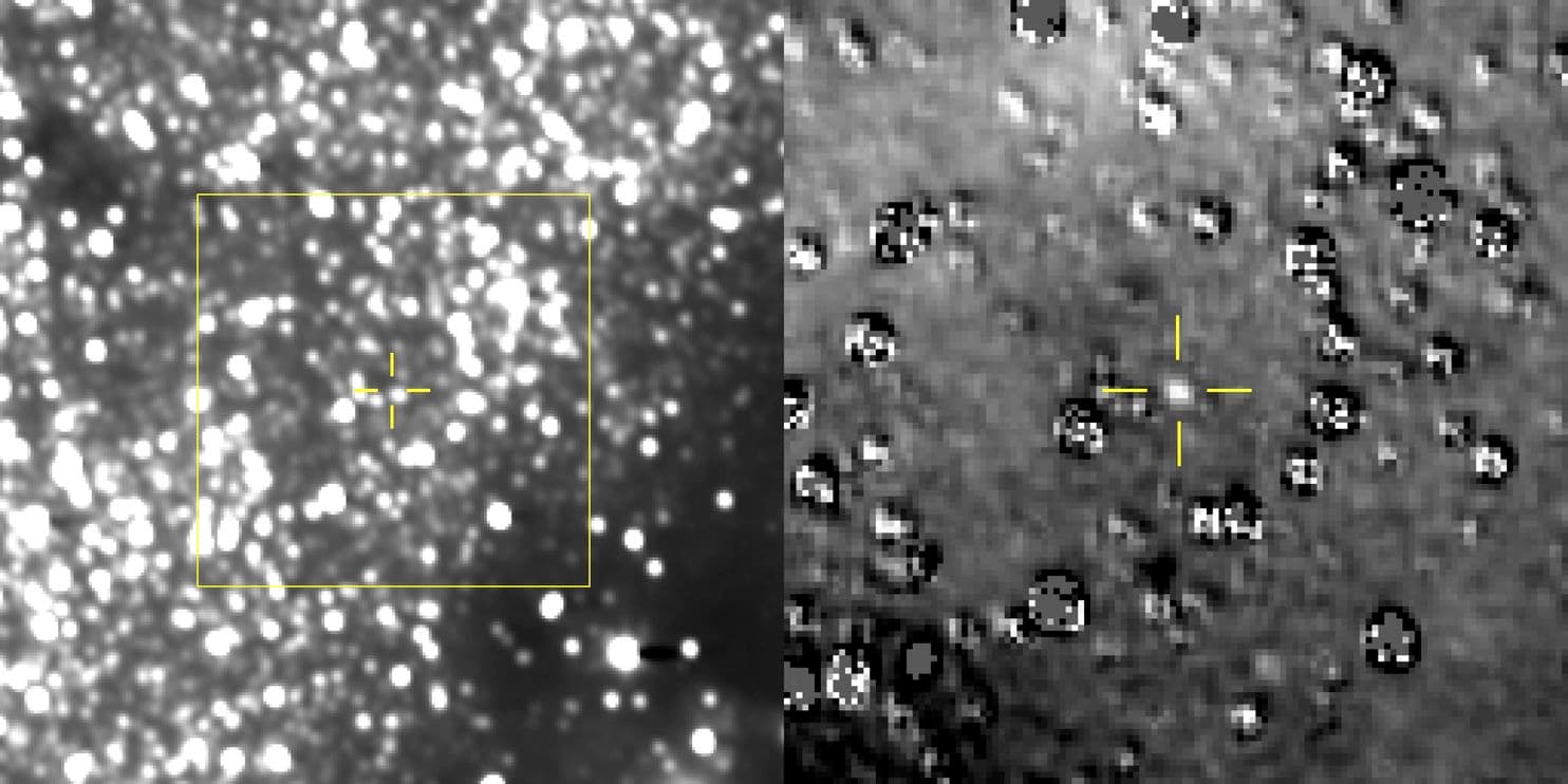Our best view of Ultima Thule (between the yellow cross hairs) so far. The image on the right has been magnified and had the background stars subtracted from the image. (NASA/Johns Hopkins University Applied Physics Laboratory/Southwest Research Institute)