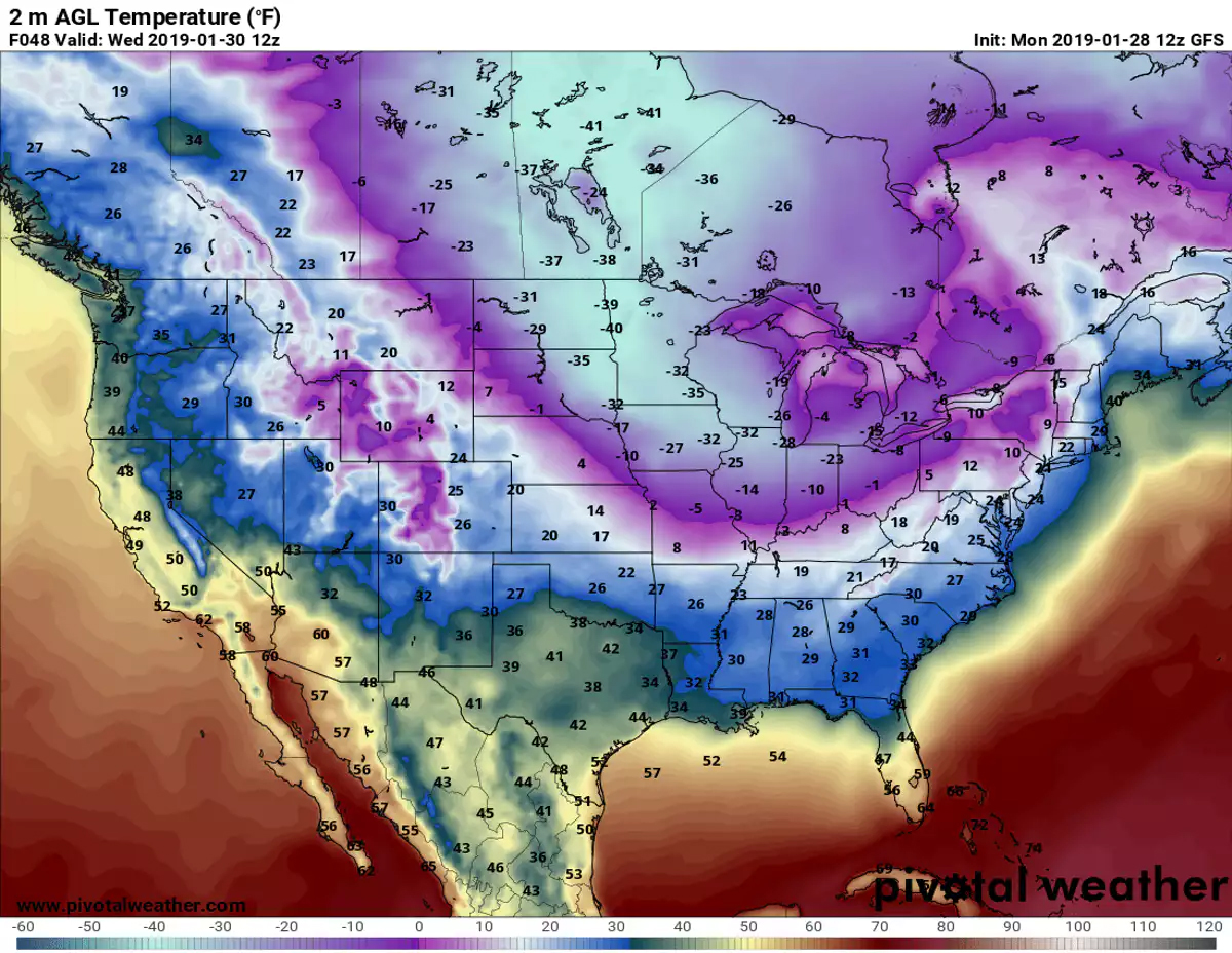 Predicted near-surface air temperatures (F) for Wednesday morning, Jan. 30, 2019. Forecast by NOAA's Global Forecast System model.  (Pivotal Weather/CC BY-ND)