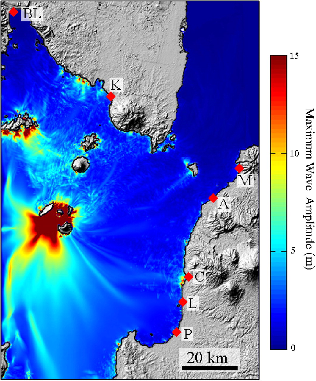 A simulation of an Anak Krakatau volcanic event shows waves of 15 meters or more locally (in red). (Giachetti et al. 2012)