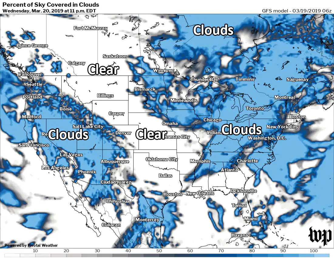 Cloud cover forecast for Wednesday night. (Capital Weather Gang and Pivotal Weather)