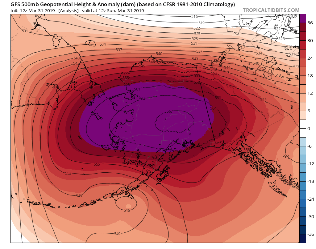  Unusually strong upper-level high pressure was centered over Alaska during the final weekend of March. (Tropical Tidbits)