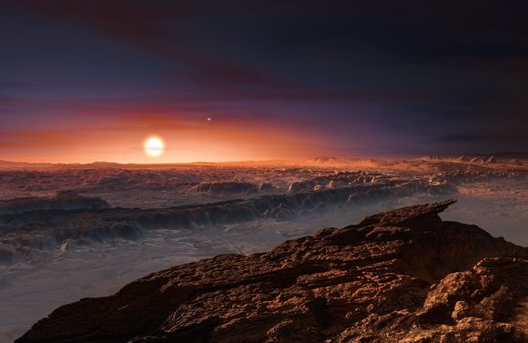 Artist's impression of Proxima b's surface, orbiting the red dwarf star. (ESO)