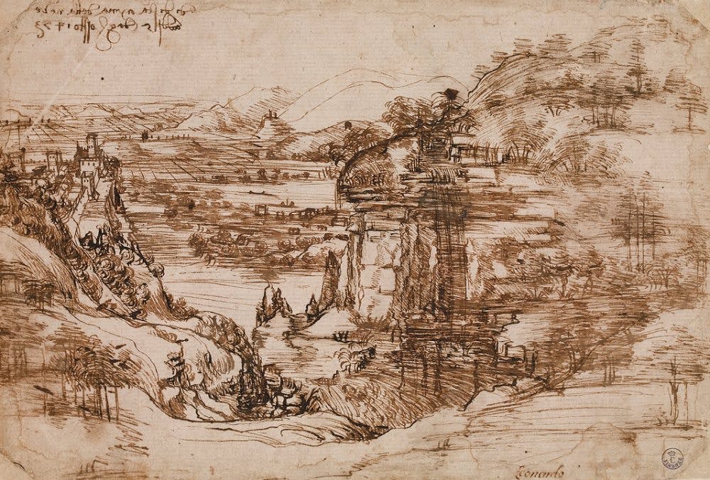 Landscape drawing for Santa Maria della Neve. (https://www.leonardodavinci.net)