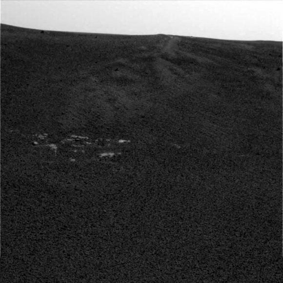 Opportunity's first image from Mars on Sol 1 at 15:30:50 Mars time. (NASA/JPL/Cornell)