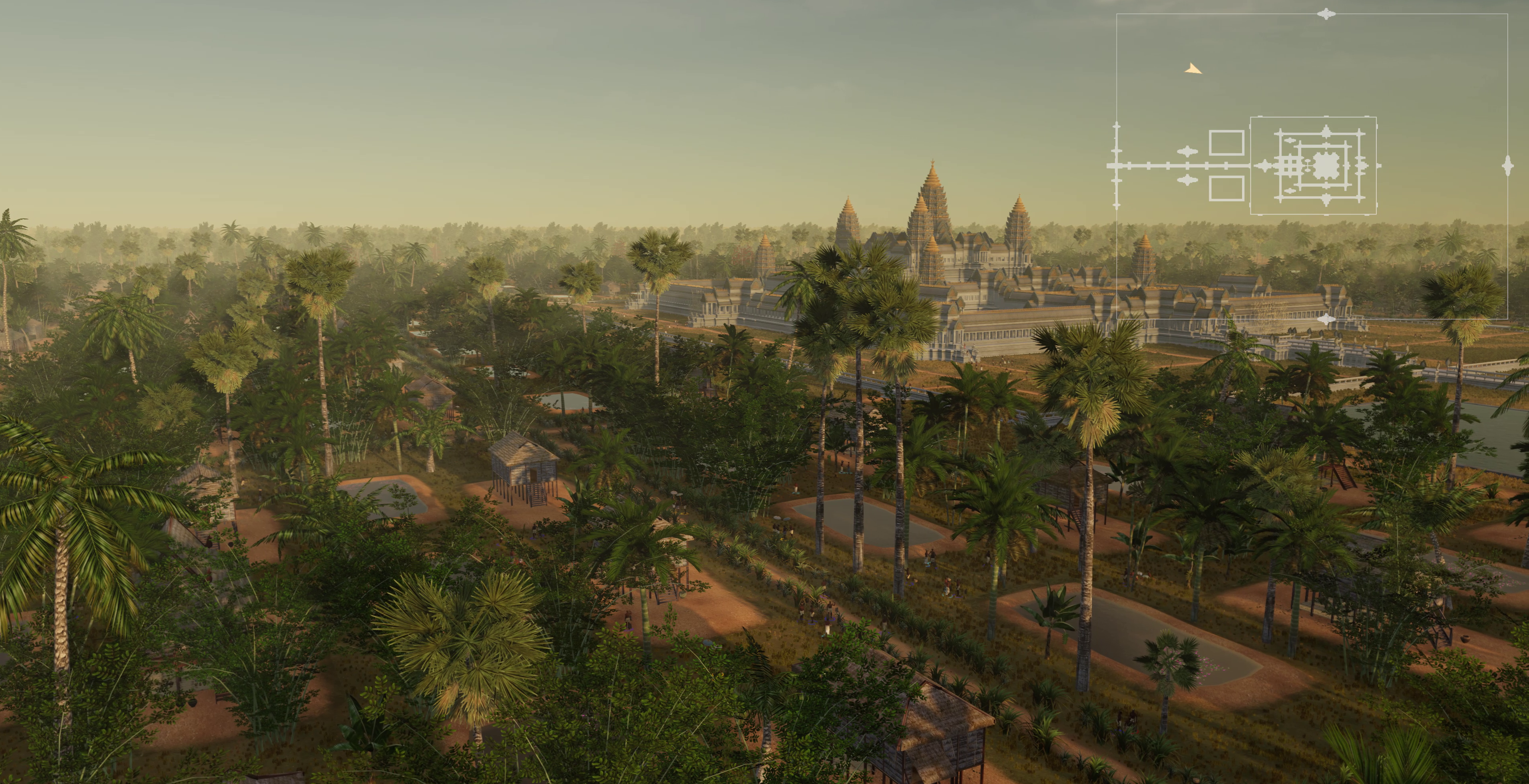 Archaeological visualization of Angkor Wat at sunset, with site map at upper right. (Tom Chandler/Mike Yeates/Chandara Ung/Brent McKee/Monash University/SensiLab/2019)