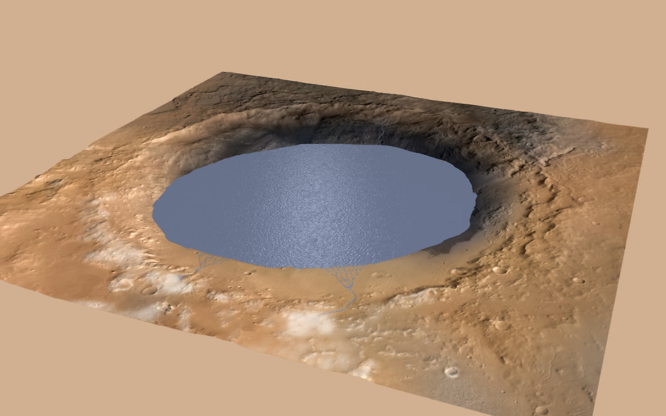 Simulated image of Mar's Gale Crater Lake. (NASA/JPL-Caltech/ESA/DLR/FU Berlin/MSSS)
