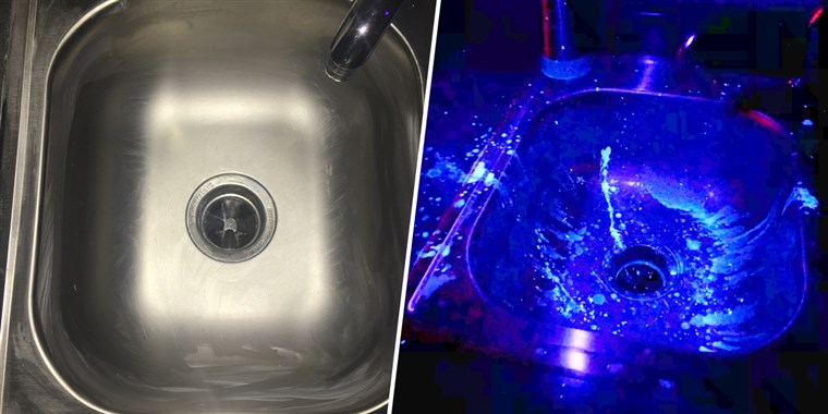 'Cleaned' sink in normal light (left), same sink under light that reveals contaminant (right). (Lisa Shelley/NC State University)