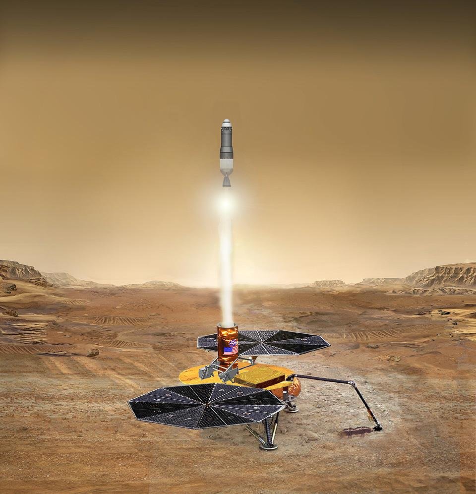 Proposed NASA Mars Sample Return mission shows the launch of the martian sample back toward Earth. (NASA/JPL-Caltech)