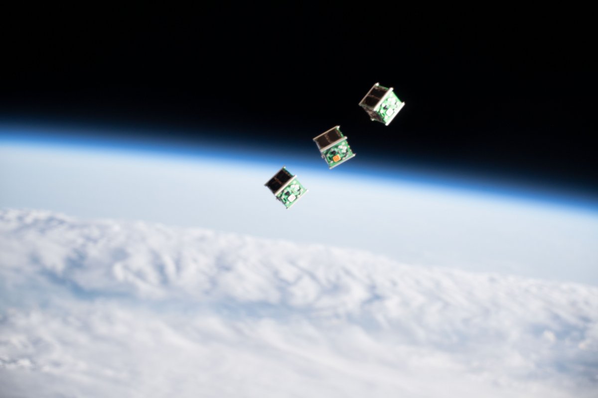 Three CubeSats ejected from the Japan Aerospace Exploration Agency's Kibo laboratory. (NASA)