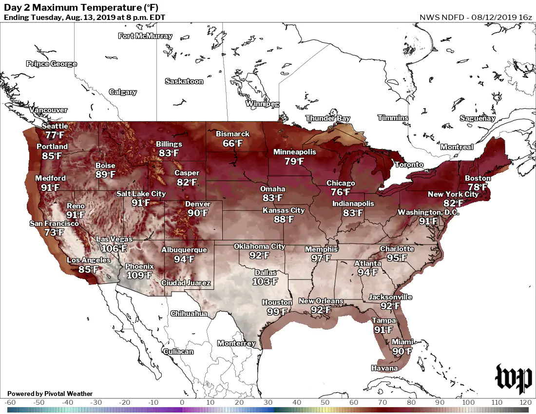 High temperatures forecast for Tuesday. (The Washington Post)