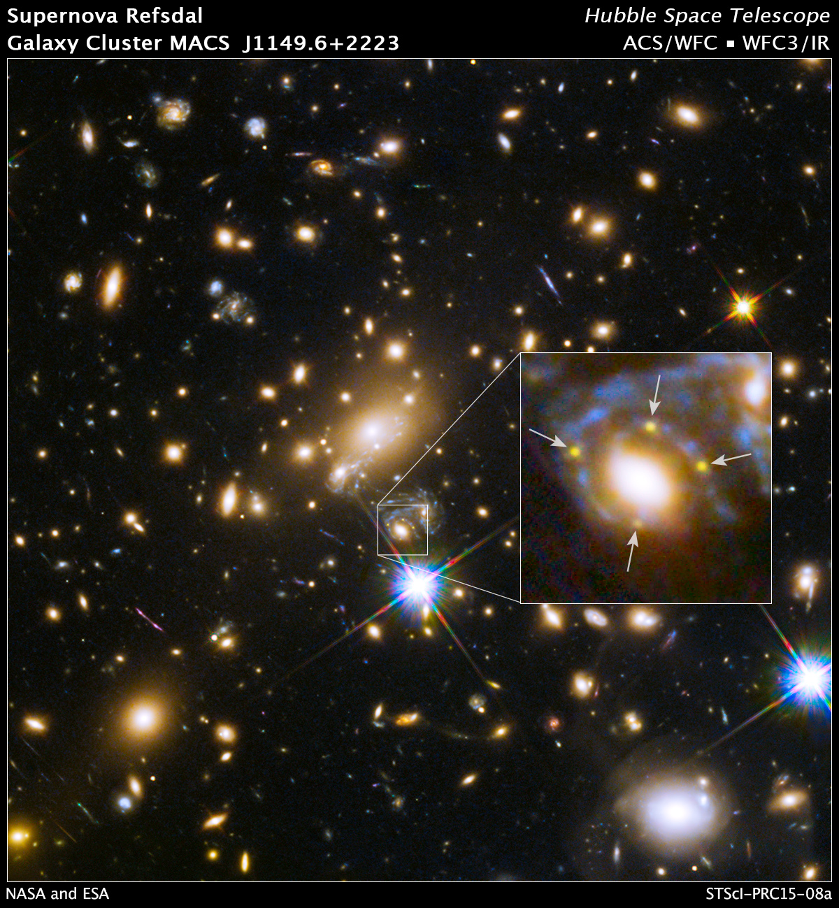 A cluster galaxy (centre of the box) split light from an exploding background supernova into four yellow dots. (NASA/Hubble)