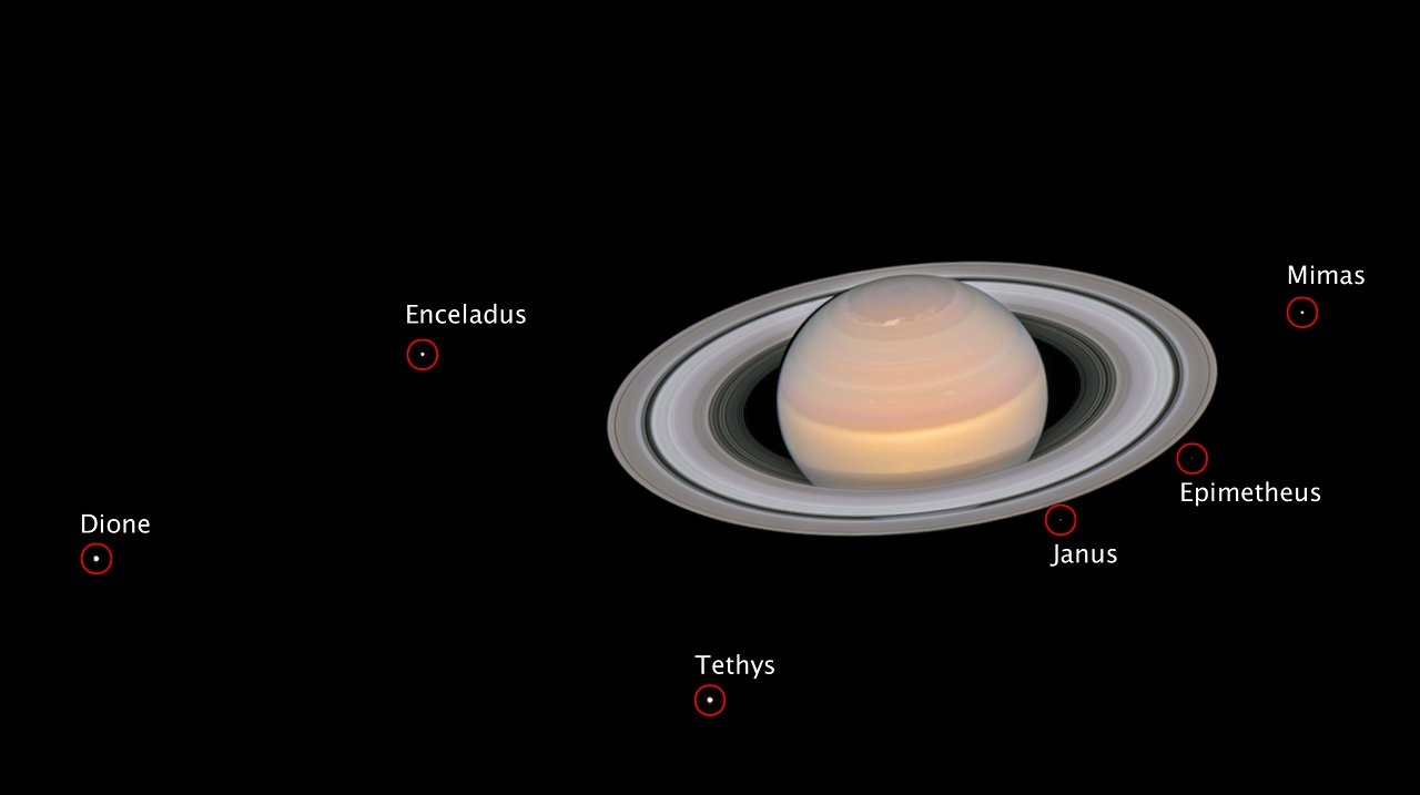 Composite photo from 2018 showing six of Saturn's moons (NASA/ESA/ A. Simon/GSFC/OPAL/J. DePasquale/STScI)