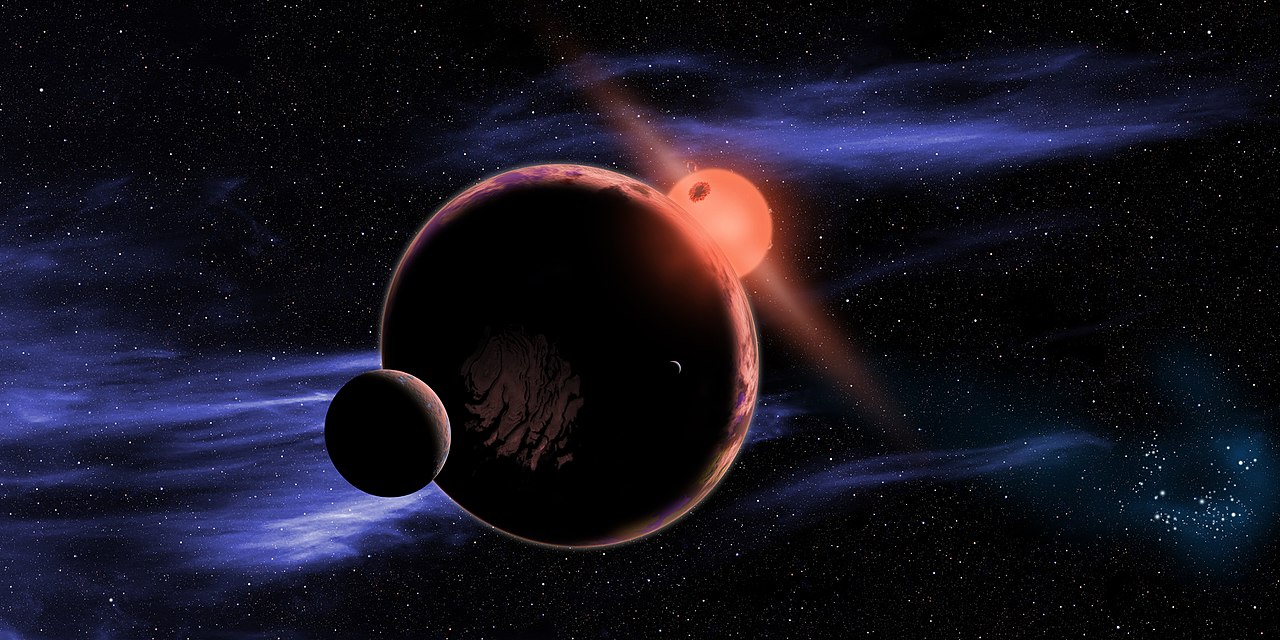 An exoplanet and moon orbiting a red dwarf star. (D. Aguilar/NASA/Harvard-Smithsonian Center for Astrophysics)