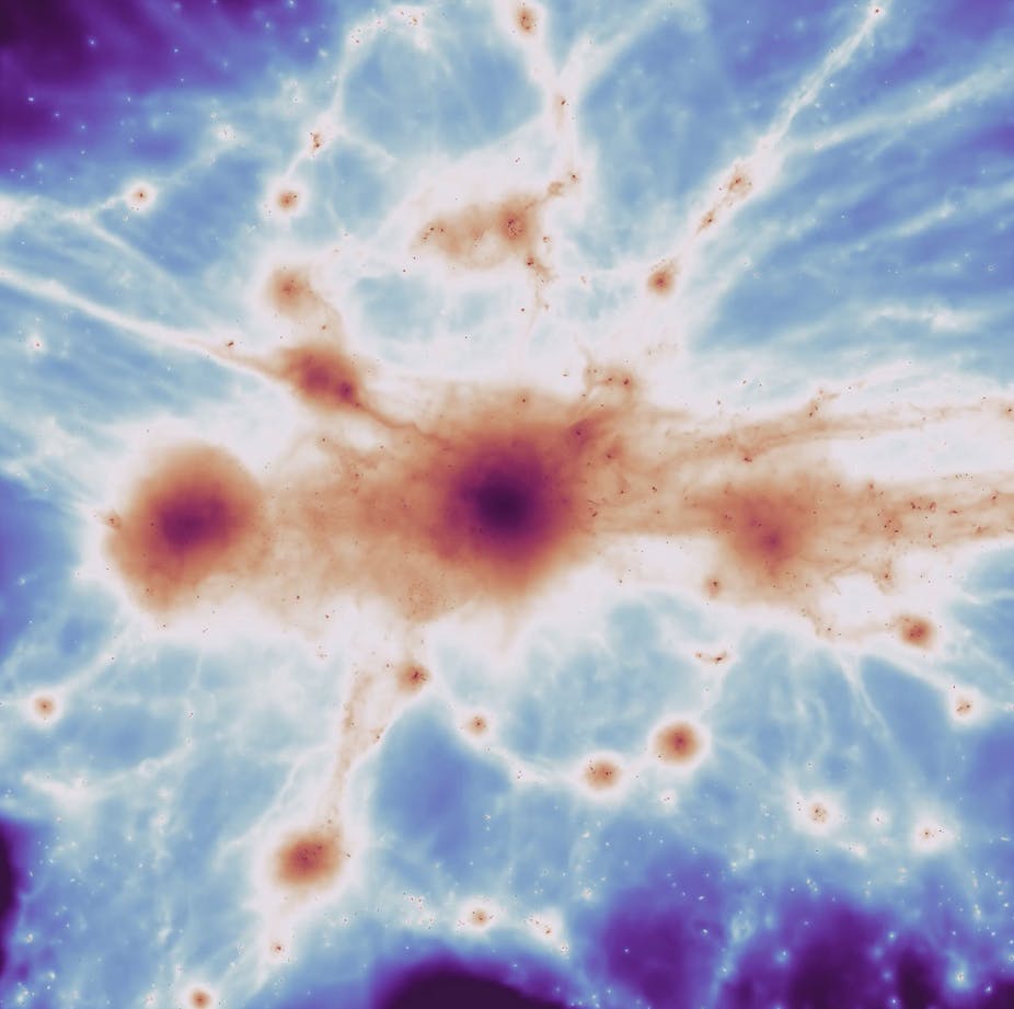   cúmulo de galaxias masivo de la simulación, con filamentos. (Joshua Borrow / C-EAGLE)