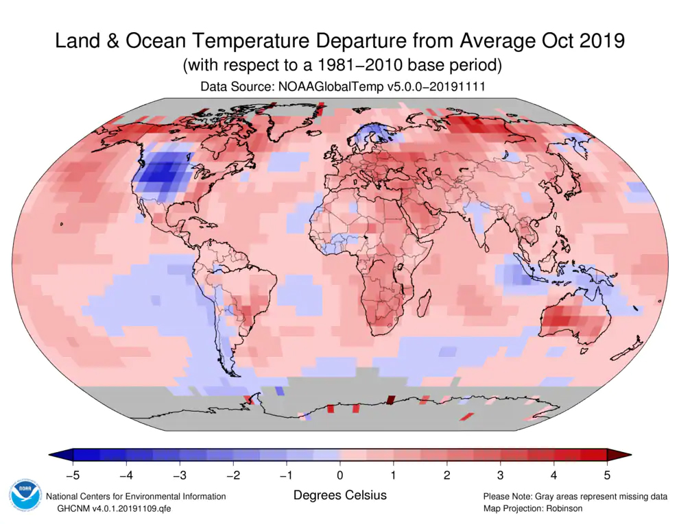 Global land and ocean temperature departures from average for October 2019. (NOAA)