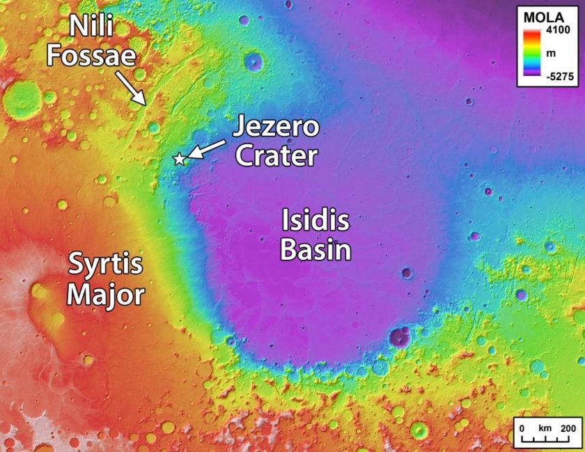 Location of Jezero crater, purple is low elevation and red is high elevation. (NASA / JPL / USGS)
