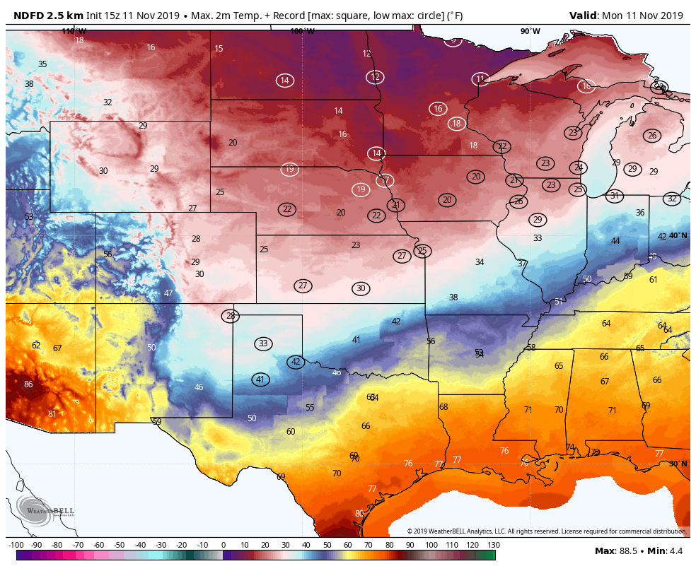 Forecast highs on Monday, with near low records circles. (WeatherBell.com)