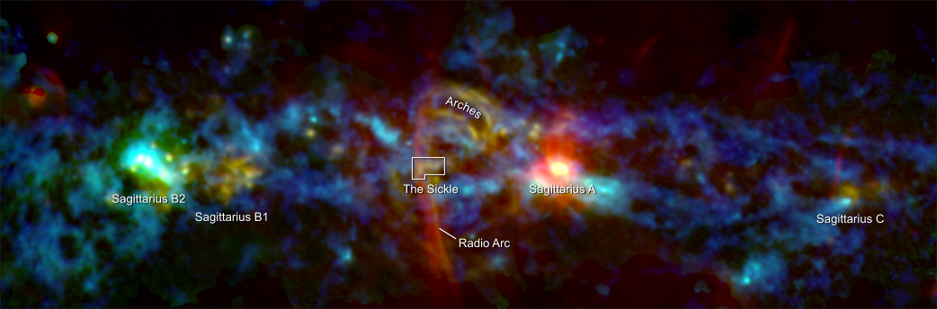 The Milky Way's core composed of data from microwave (green), infrared (blue) and radio wave (red) sources. (NASA's Goddard Space Flight Center)