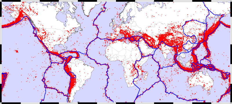 Earth's tectonic fault lines (blue) and zones of volcanic activity (red). (zmescience.com)