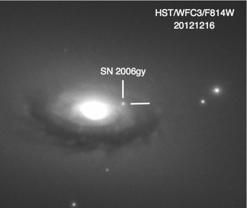 A Hubble Wide-Field Camera image of SN 2006 gy and its galaxy NGC 1260. Image Credit: Image: Fox, Ori D. et al. Mon.Not.Roy.Astron.Soc. 454 (2015) no.4