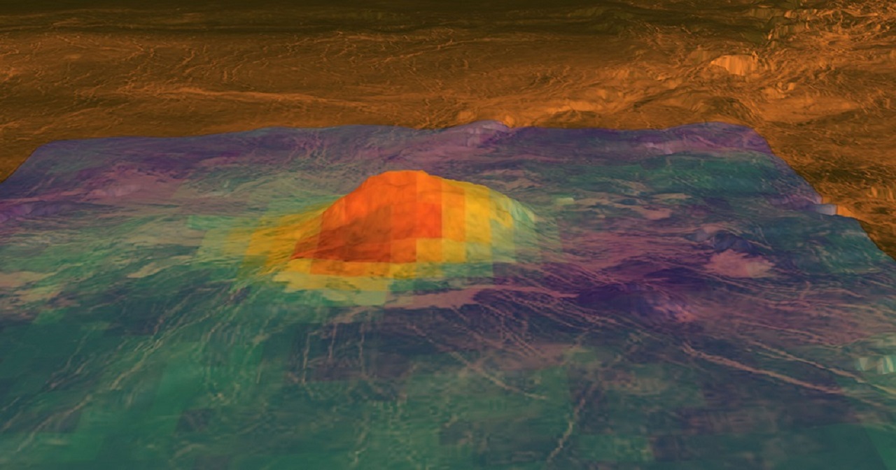 Esta figura muestra el pico volcánico Idunn Mons (a 46 grados de latitud sur, 214.5 grados de longitud este) en el área de Imdr Regio de Venus. La superposición de colores muestra los patrones de calor derivados de los datos de brillo de la superficie recopilados por el Espectrómetro de Imagen Térmica Visible e Infrarroja (VIRTIS), a bordo de la nave espacial Venus Express de la Agencia Espacial Europea.