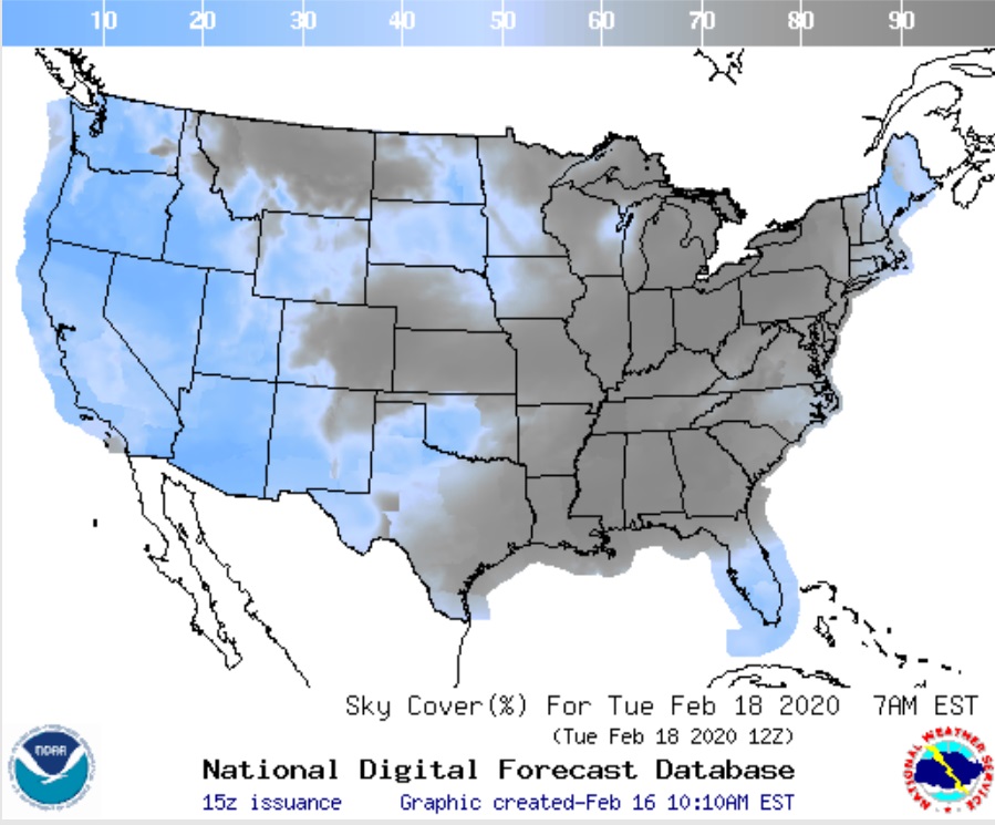Perspectivas de cobertura de nubes para Estados Unidos el martes por la mañana. (NOAA / NWS)