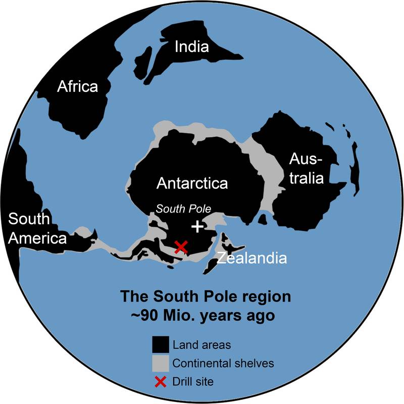 Mapa general simplificado de la región del polo sur en el momento de la deposición ~ hace 90 millones de años