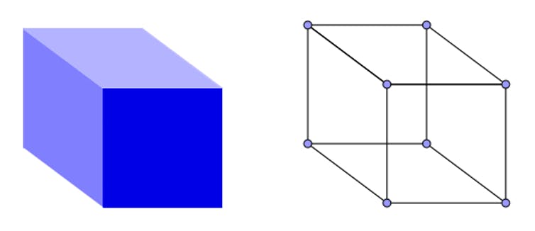 A shaded cube and a line drawing of one.