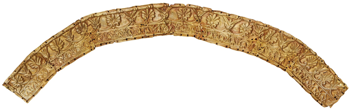 Plate from headdress made from an alloy of 65-70 percent gold. (Institute of Archaeology, Russian Academy of Sciences)