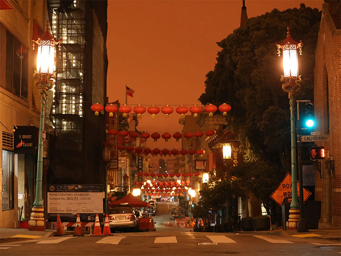 san francisco's red skies looking at chinatown