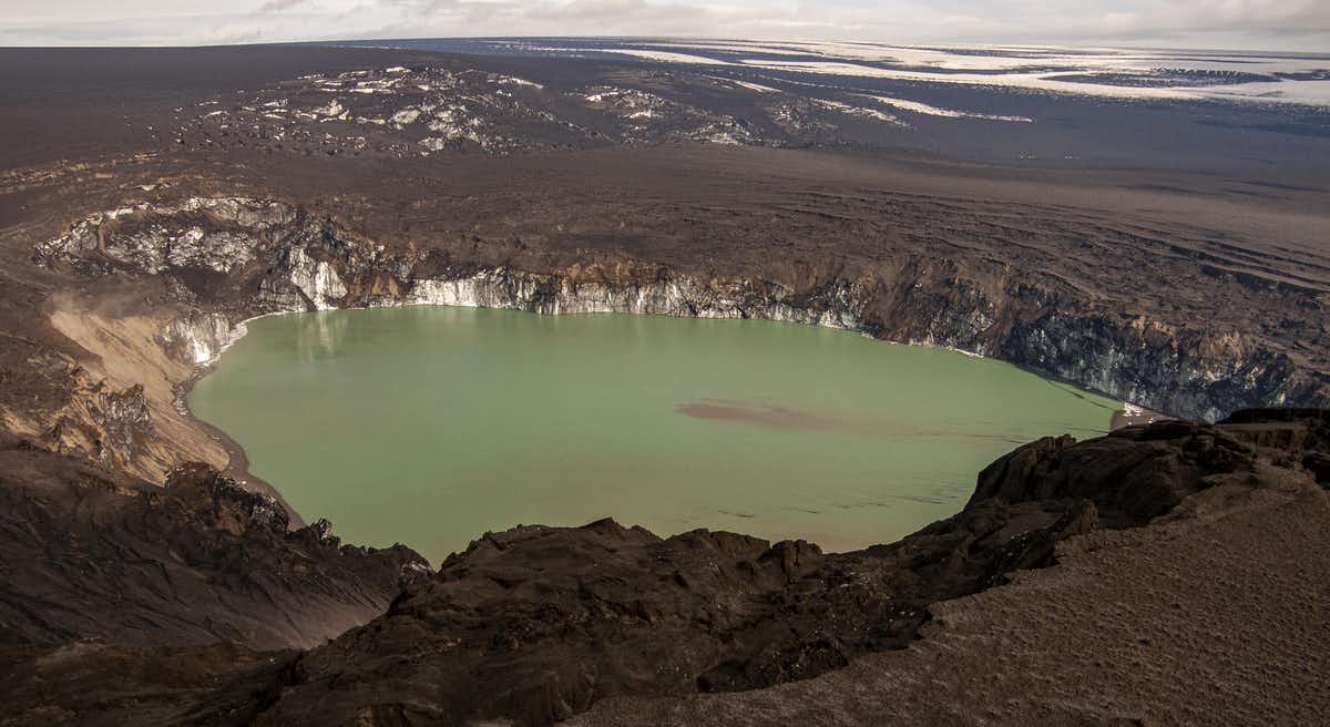 The roughly 1.5km wide hole melted in the ice by the 2011 eruption. (Dave McGarvie)