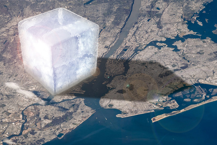 An illustration shows a giant ice cube on a map of New York City.