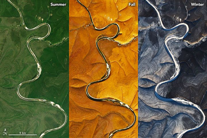The stripes of the Central Siberian Plateau vary by season. (NASA Earth Observatory)