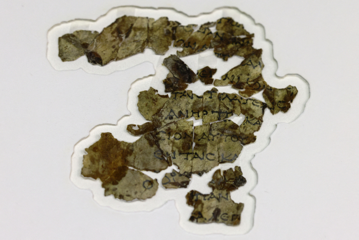 2000-year-old biblical scroll fragments from the Bar Kochba period, Israel, 16 March 2021. (Menahem Kahana/AFP/Getty Images)
