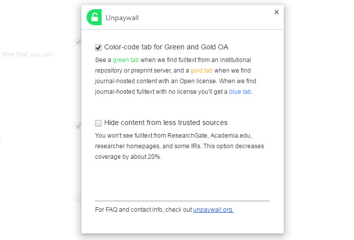 unpaywall plugin settings in Chrome