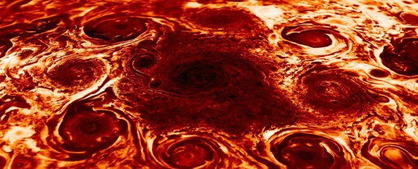 Juno spots cyclones on Jupiter locked in a blazing geometric dance