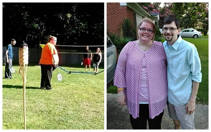 Kayla Rahn, left, before her surgery to remove a massive ovarian cyst and with her boyfriend, Jonathan Pittman, several weeks after the operation. (Kayla Rahn)