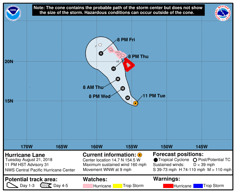 The probable path of Hurricane Lane (Central Pacific Hurricane Center)