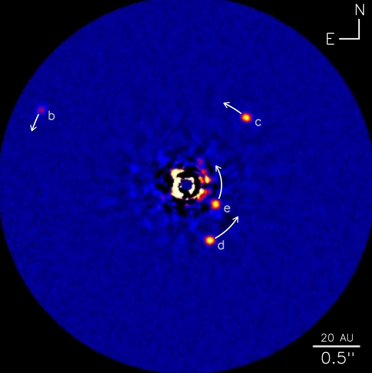 The HR 8799 system contains the first exoplanet be directly imaged. (NRC-HIA/C. MAROIS/W. M. KECK OBSERVATORY)