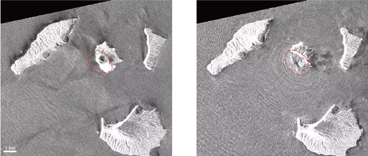 Satellite pictures taken before (left) and after (right) the Anak Krakatau eruption.  (Geospatial Information Authority of Japan/CC BY-NC-ND)