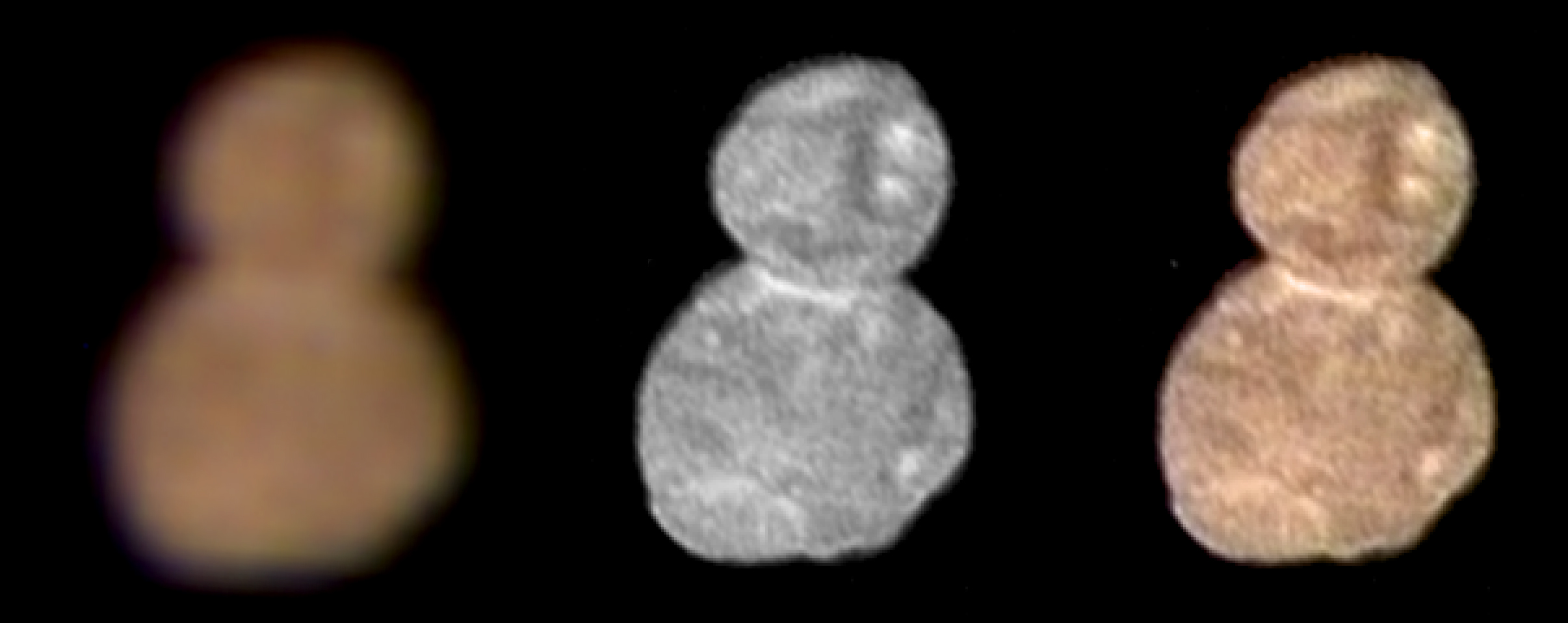 A low-resolution colour image of MU69 (left), a high-resolution black-and-white image (center), and a merged version to show the object's colour (right). (NASA/JHUAPL/SwRI)