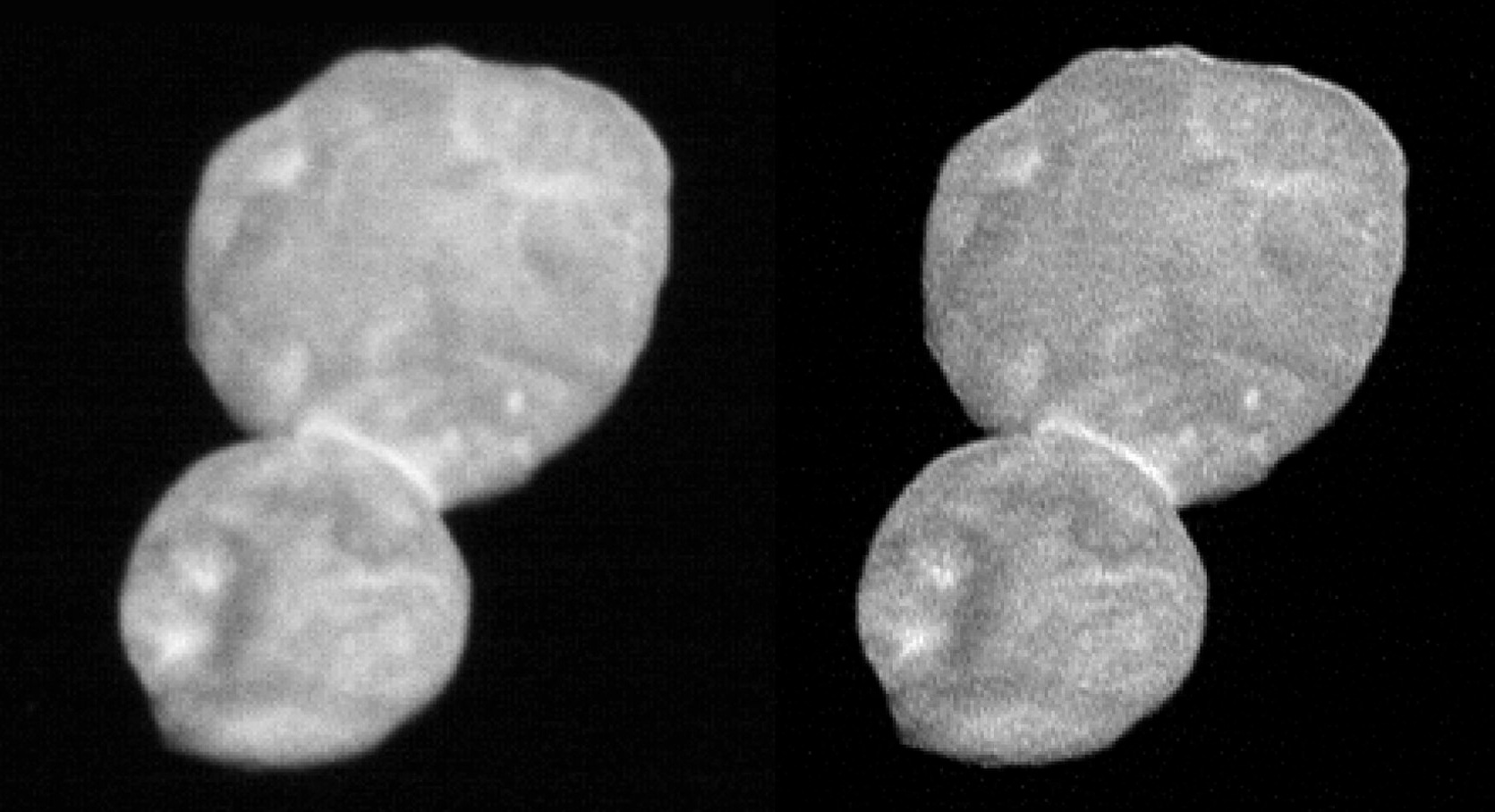 A photo of 2014 MU69, taken by NASA's New Horizons probe just 30 minutes before its closest approach on January 1, 2019. At left is a raw spacecraft image, and at right is a sharpened version. (NASA/JHUAPL/SwRI)