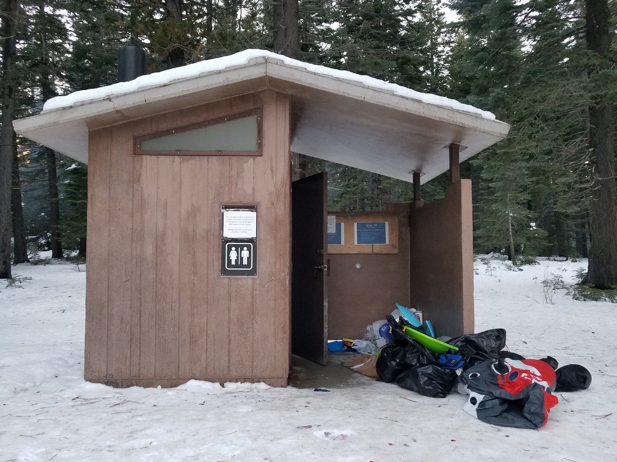 visitors have reportedly witnessed piles of trash spilling out of a public bathroom at lassen national forest in northern california