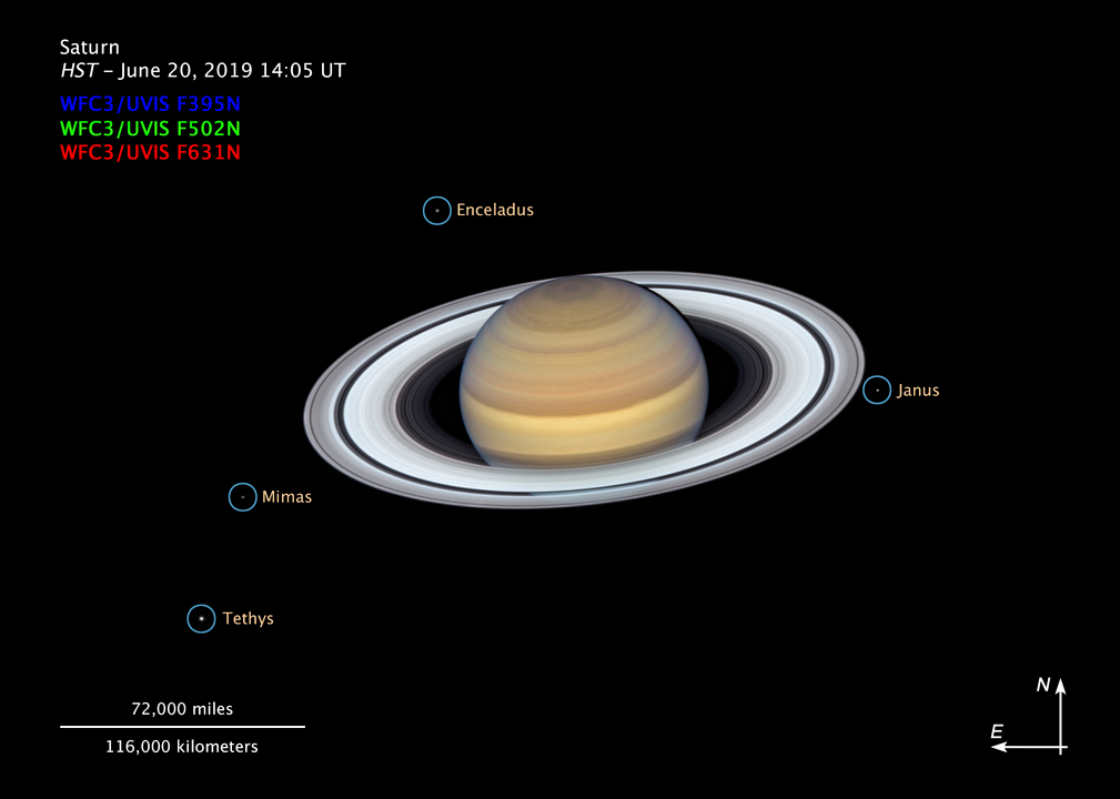 L'ultima immagine che mostra quattro delle lune di Saturno. (NASA / ESA / A. Simon / Goddard Space Flight Center / MH Wong / OPAL Team)