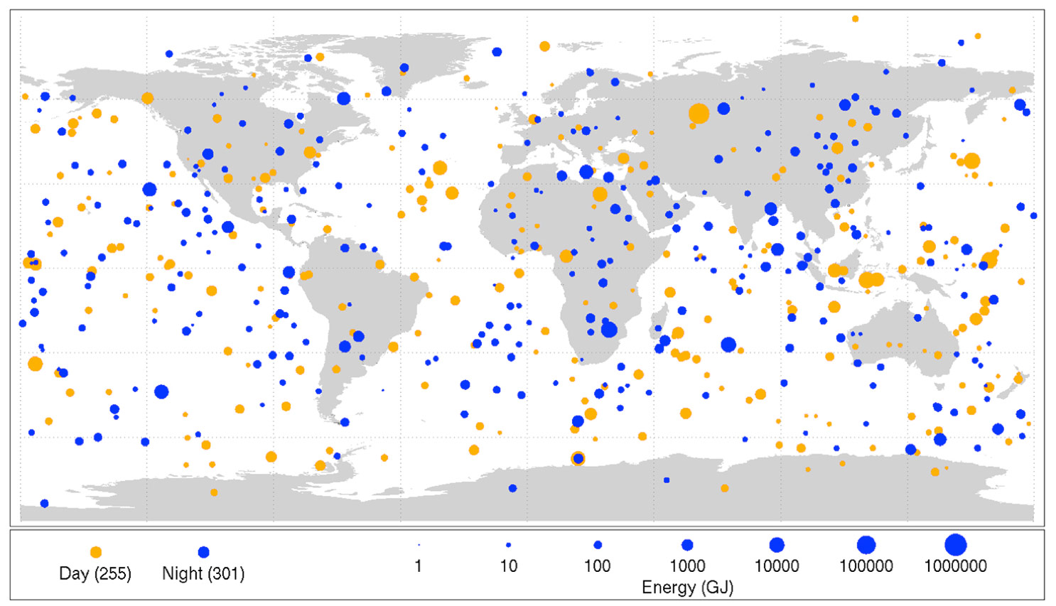 Small asteroid 'bolide' impacts between 1994-2013. (NASA)